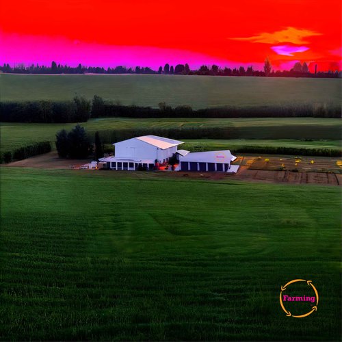farm with white farmhouse and barn, against a red sky