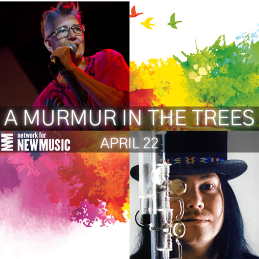 a woman singer and a man wearing a hat and looking through a clarinet, with watercolor abstract depictions of birds and trees