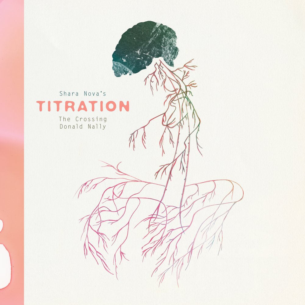 artist's rendering of a human vagus nerve, in shades of green and pink, with the words "Shara Nova's Titration, The Crossing, Donald Nally" beside it.