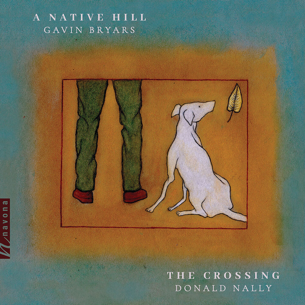 a drawing of a white dog looking at a yellow leaf falling to the ground, next to a pair of human legs wearing pants and shoes