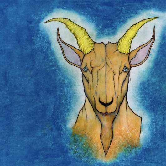Drawing of a goat head on a blue background