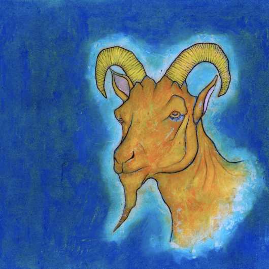 A drawing of a goat in three-quarter profile, with a blue background