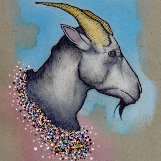 Drawing of a gray goat head in full profile, with dots around its neck, on blue and gray background