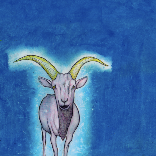 Drawing of a gray goat with long horns on a blue background
