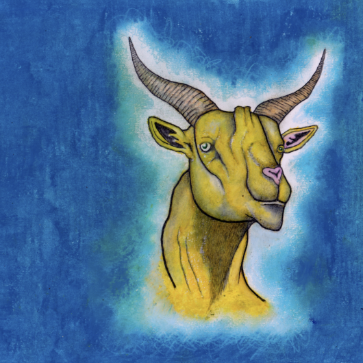 A drawing of a yellow goat in three-quarter profile against a blue background