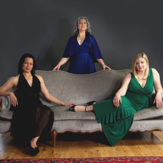 Two women on a gray couch, one woman standing behind the couch.